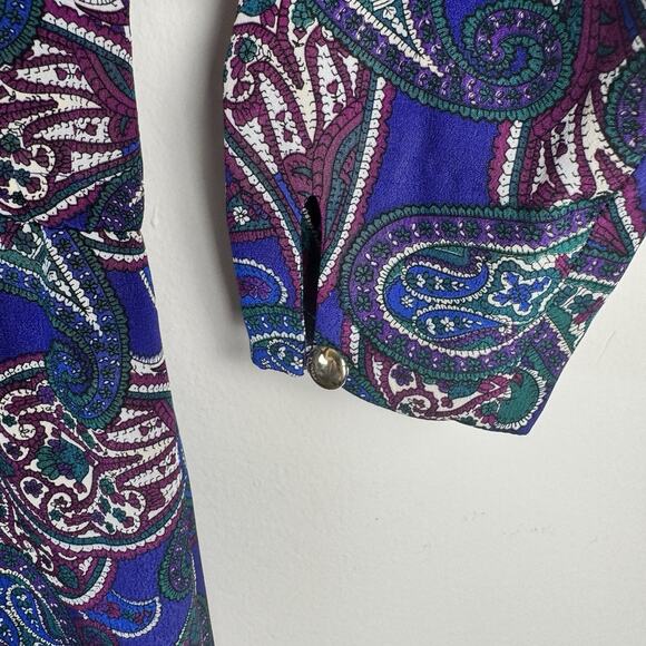 VTG Liz Claiborne Paisley LongSleeve Midi Dress Sz 8 BluePurpleTeal Fit & Flare - Picture 8 of 8